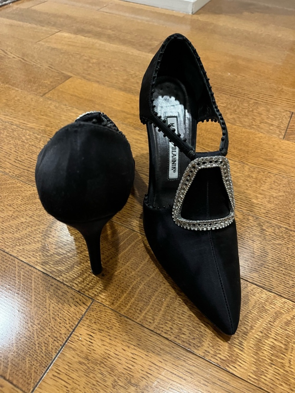 Manolo Blahnik Black Satin Pumps